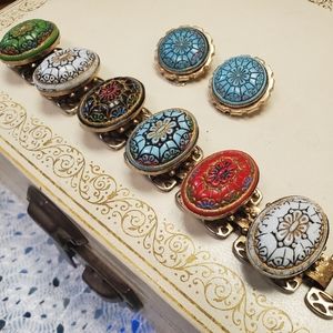 Vintage SELRO & Selini Glass Cabochon Link Bracelet Clip Earring Set